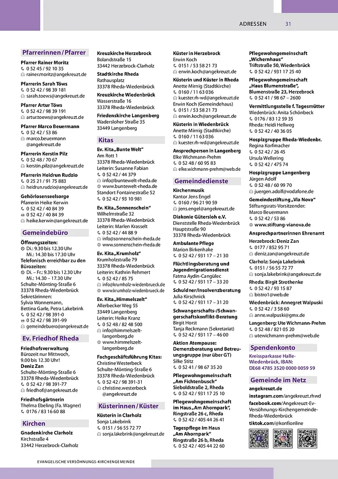 wichtige Adressen im Bereich der Ev. Versöhnungs-Kirchengemeinde Rheda-Wiedenbrück