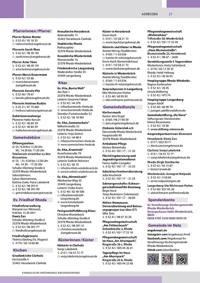 wichtige Adressen im Bereich der Ev. Versöhnungs-Kirchengemeinde Rheda-Wiedenbrück