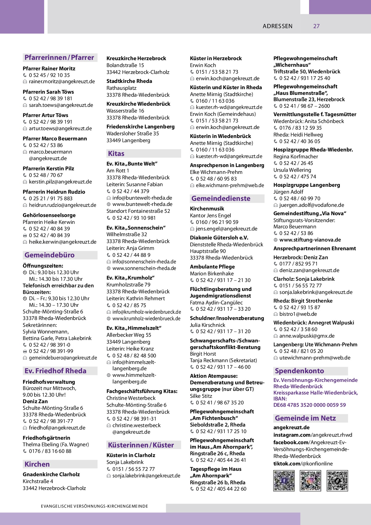 wichtige Adressen im Bereich der Ev. Versöhnungs-Kirchengemeinde Rheda-Wiedenbrück